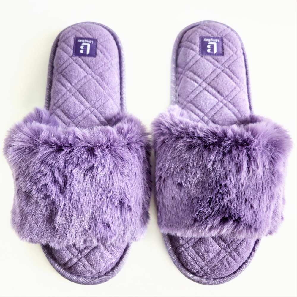 LongBay New Purple Faux Fur Slippers, Cushioned Luxury Slides, Size Large 9 - Picture 5 of 14